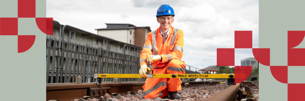 Work placement student Harvey Leak-Smith on a railway track during a placement at Network Rail