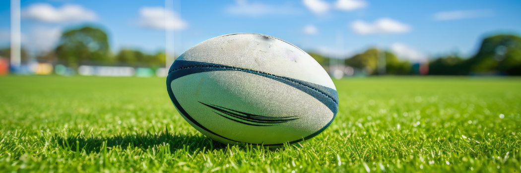 White and blue rugby ball resting on the grass, with a sunny sky