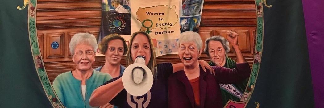 Women of Durham pcitured on a panel from a banner