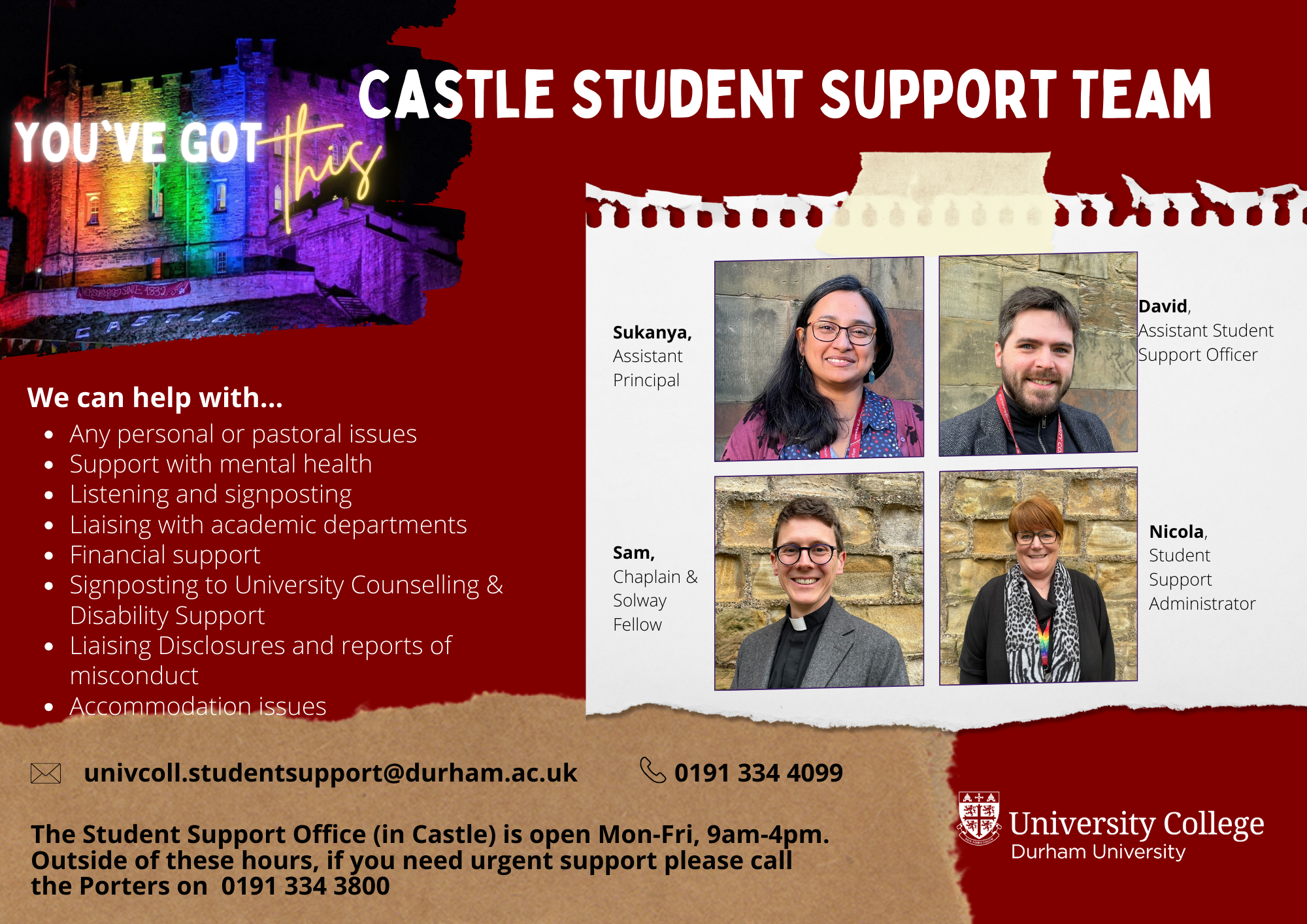 Details of Castle Student Support team: Sukanya, David, Nicola and Sam