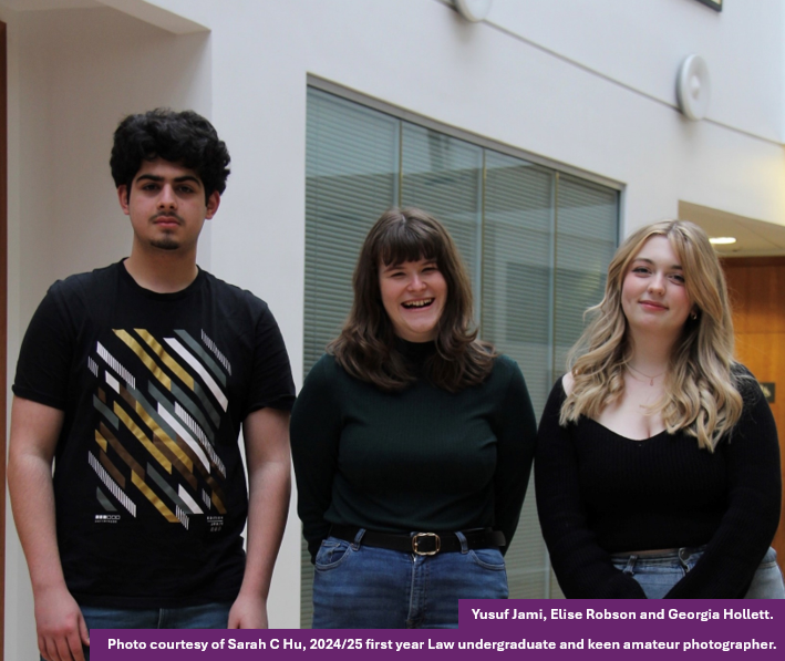 Podcasters Yusuf Jami, Elise Robson and Georgia Hollett. Photo courtesy of Sarah Hu, Durham Law School student