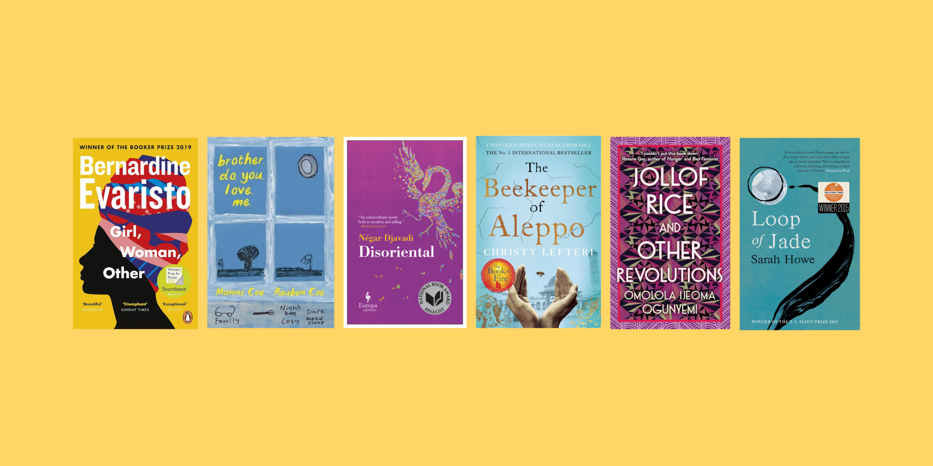 Yellow background with six different book covers on.