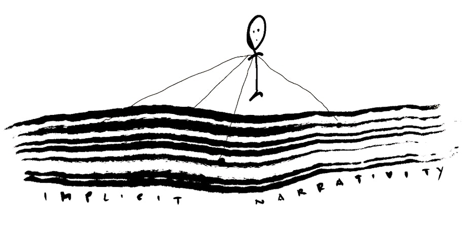 Black and white illustration of a stick figure above thick-lined waves.