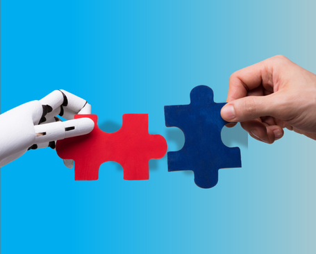 robot and human hands holding jigsaw pieces and match them together