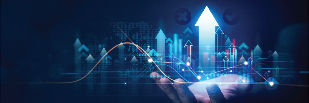 Dark blue background with a shadowed palm facing up, featuring blue arrows illuminated and moving vertically.