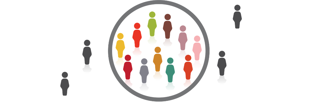 stick figures in a circle with several figures outside of the circle