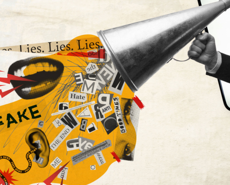 speakerphone with news and disinformation coming out of it