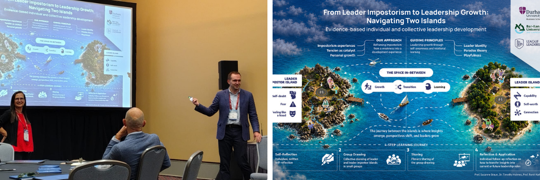 Tim Holmes presenting research and the infographic of the two metaphorical islands: 