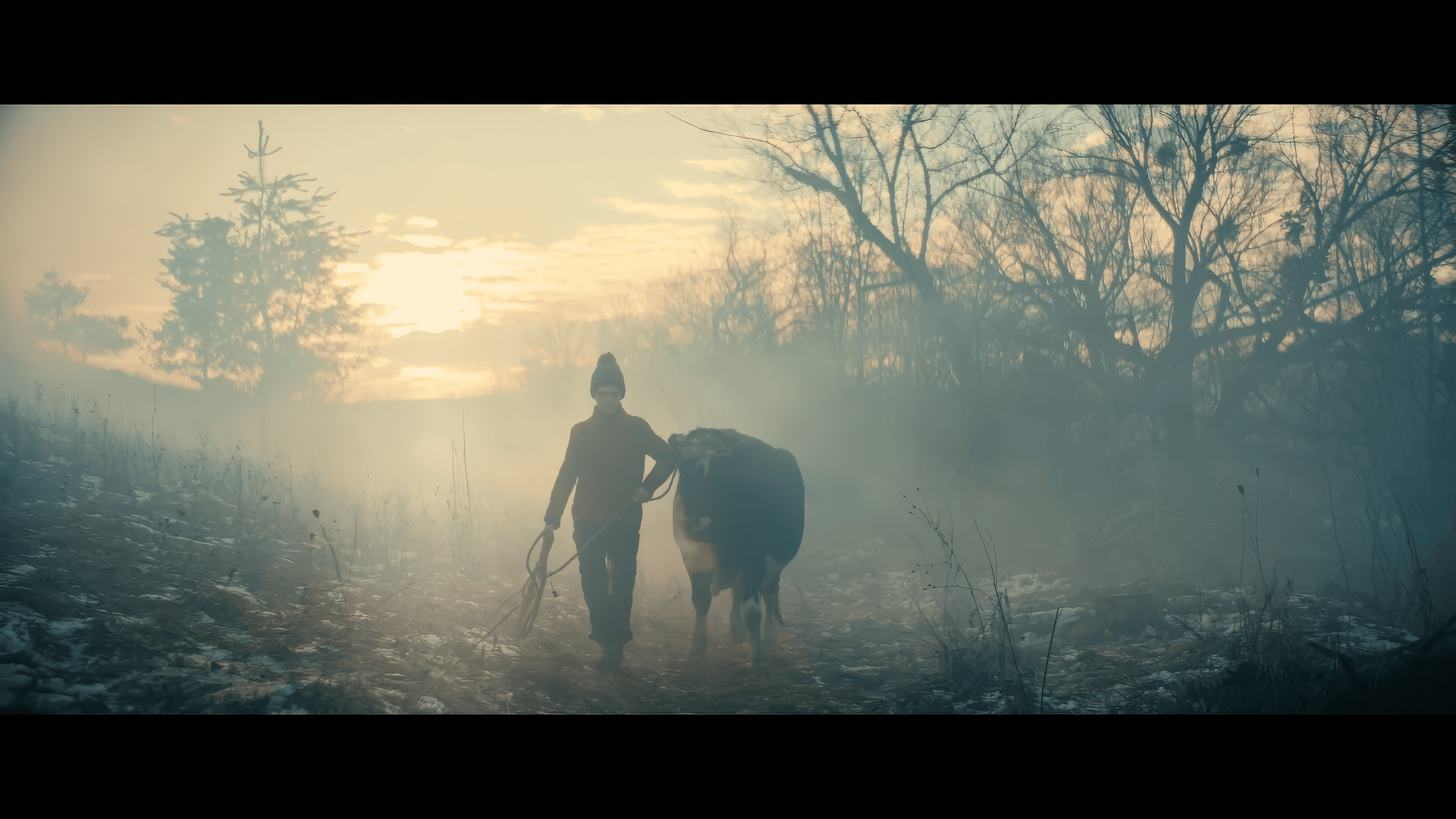 A man leads a cow through the countryside at dusk