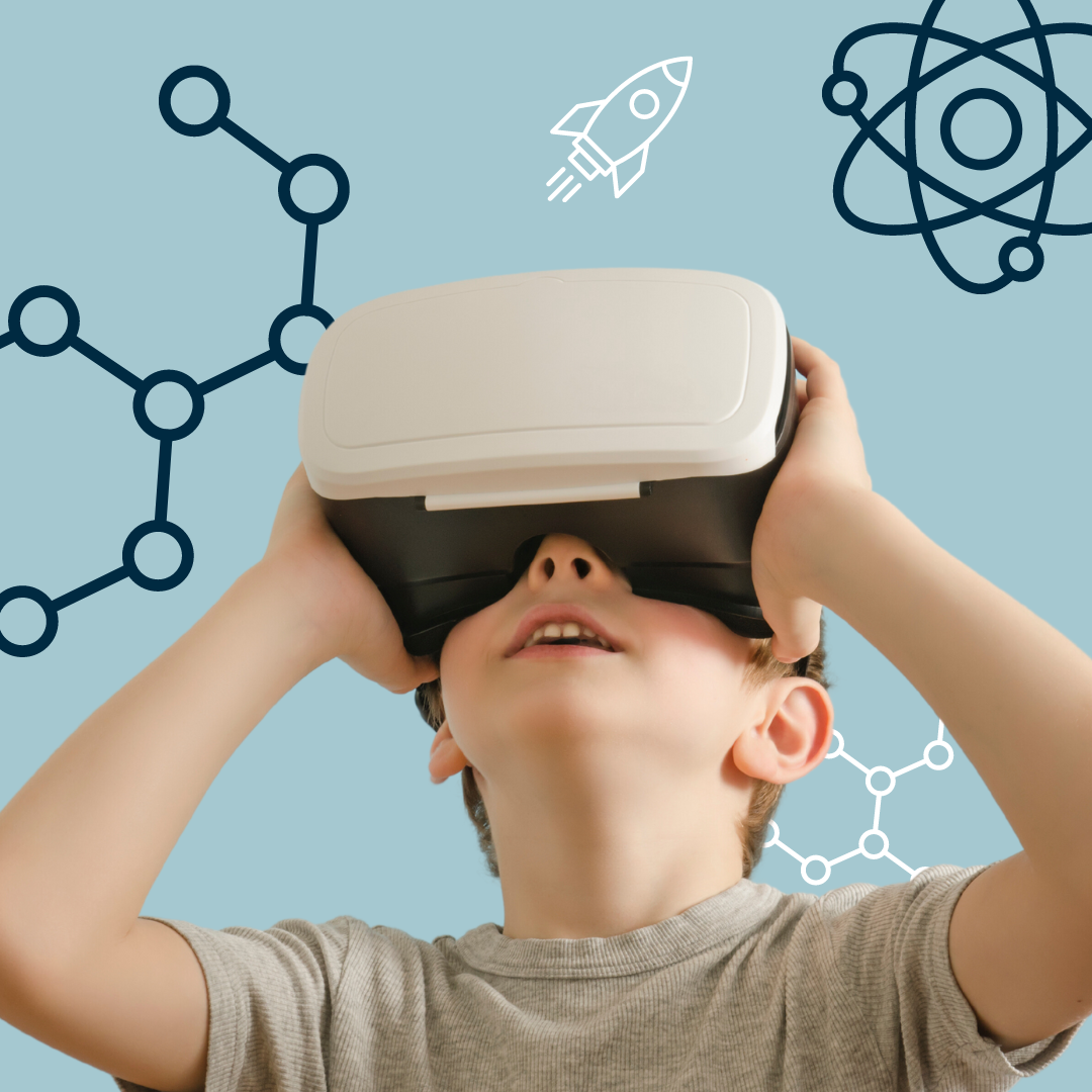 TChild wearing a VR headset, surrounded by various scientific illustrations