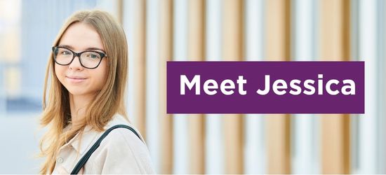 Jessica in business school smiling at camera. Next to her is a purple rectangle with text saying 