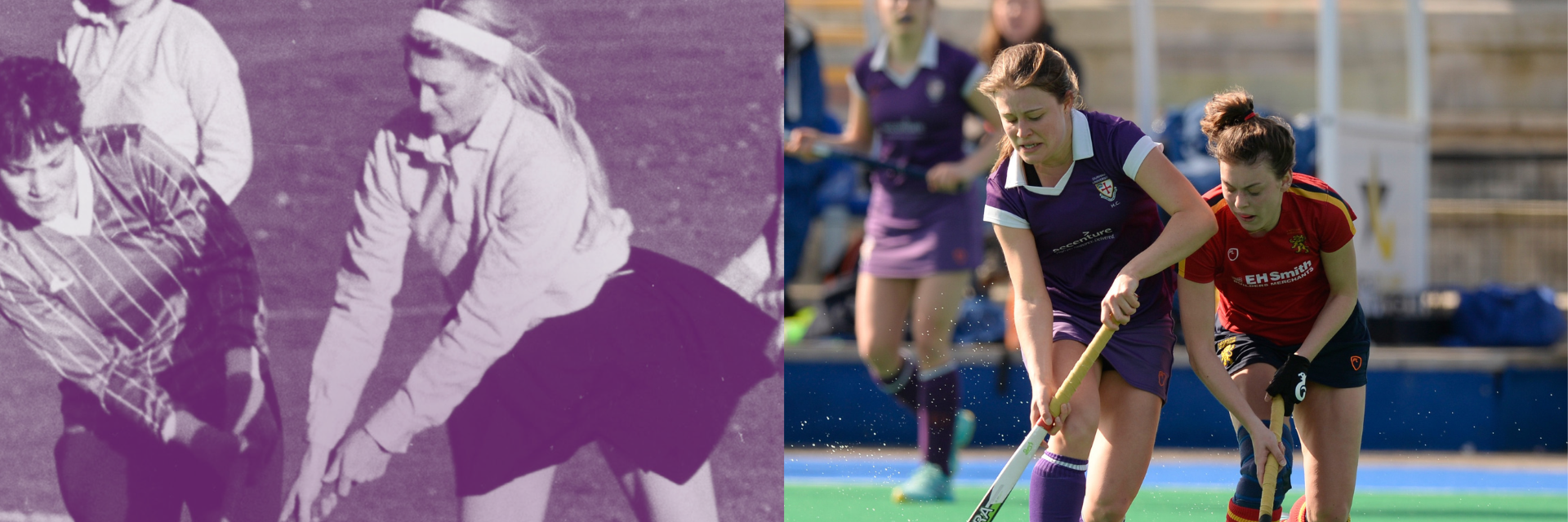 Students playing hockey, one vintage and one modern day