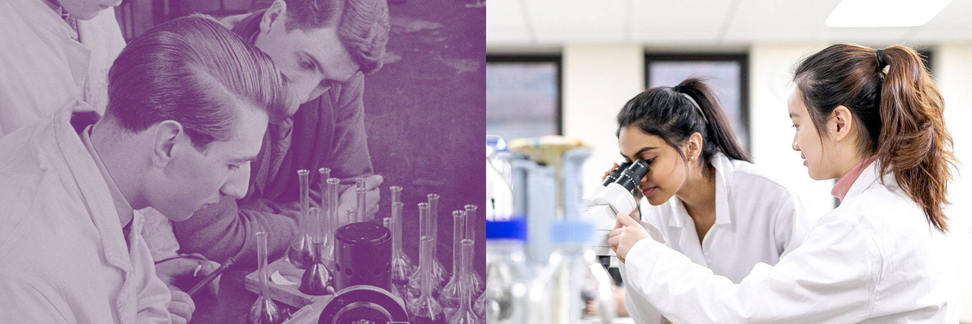 A comparison of students working in a laboratory with equipment one vintage and one modern