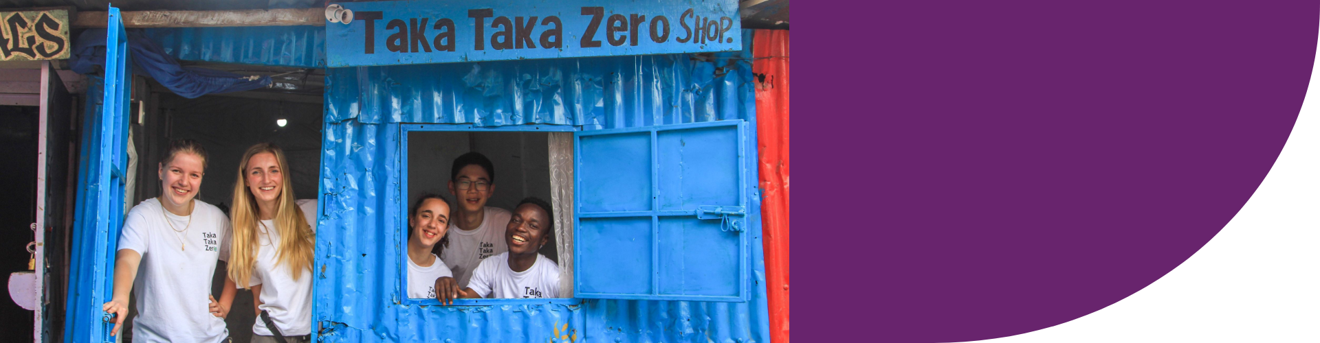 Students at the door and inside a blue tin shack with the words Taka Taka Zero Shop written on the outside