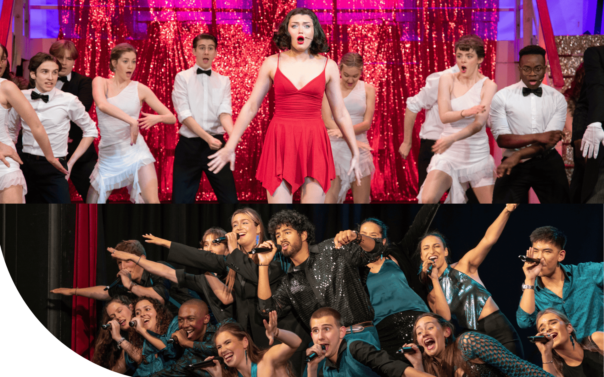 A singer on stage wearing red with other cast members and a large group of singers wearing black and teal holding microphones