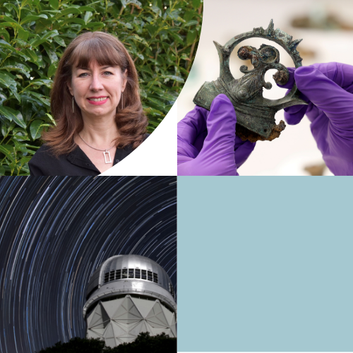 A head shot of Anna Rowlands, hands in purple gloves holding a archaeology find and an observatory building and night sky