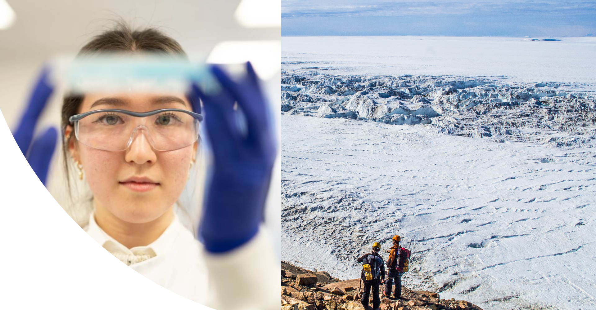 A student wearing laboratory clothes holding a chemistry silde and two people stood on rocks at the edge of a giant ice sheet