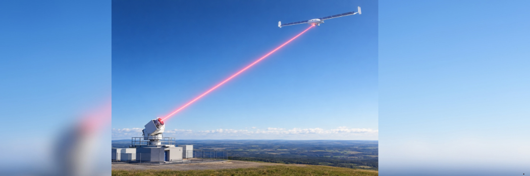 Computer generated image of a ground-based laser beam powering an aircraft