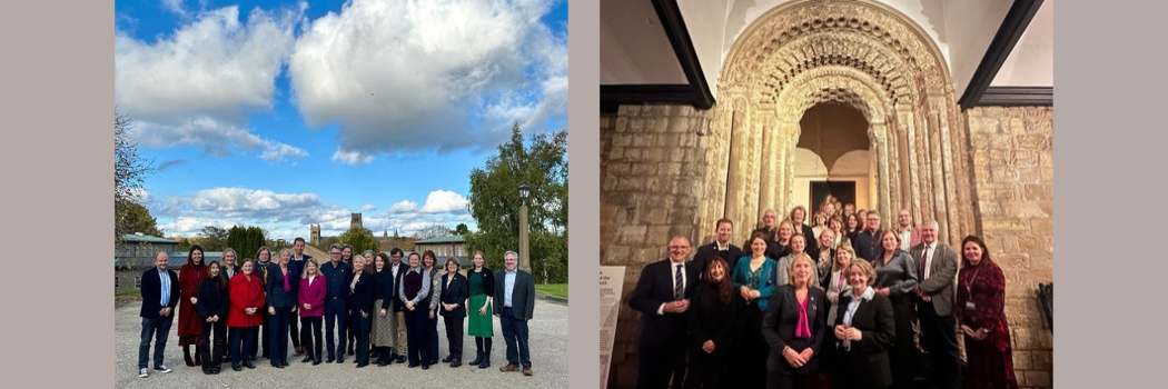 Two photos showing mixed groups posing outside (left), and in front of an impressive internal archway (right).