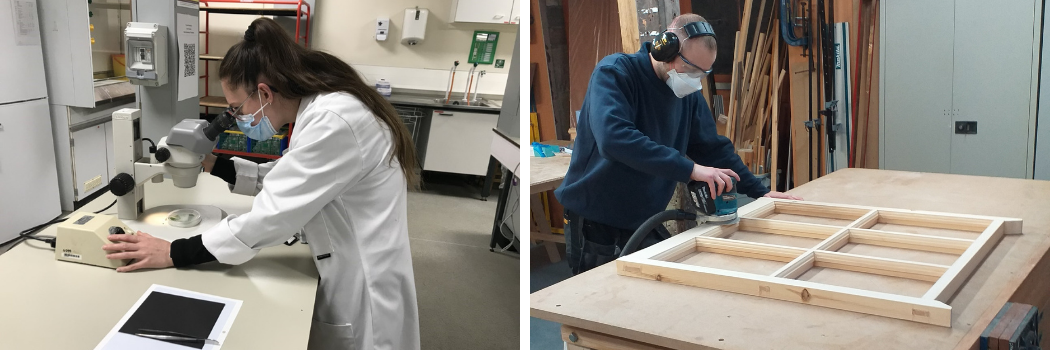 Left: A woman in a bioscience lab. Right: A man doing wood work