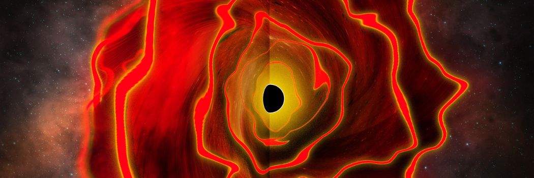 An artist's impression of a black hole star with a black hole at the centre surrounded by a bright red dot. The red dot resembles to petals of a rose.