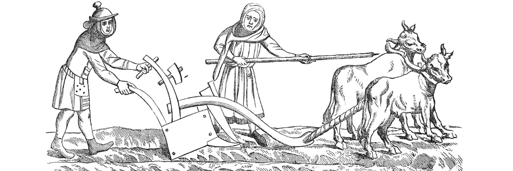 A black and white illustration of medieval peasants farming in a field with an ox.