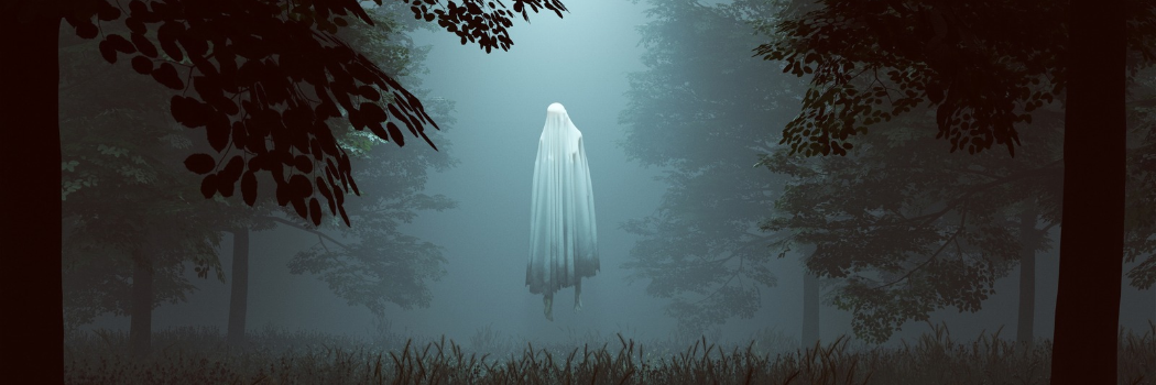 A white ghost floats above the ground outdoors in the dark with shadowy trees framing it.