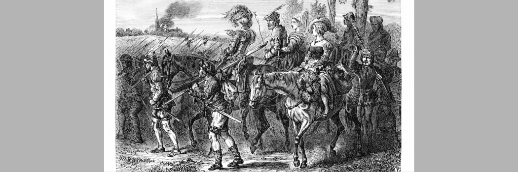 A black and white historic painting of peasants and noblemen and women on horses and on foot carrying weapons.