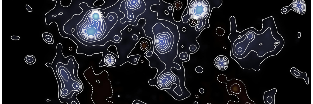 A contoured map of dark matter, seen in blue, against a black background.