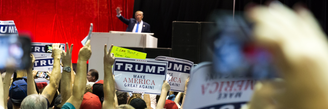 Donald Trump delivering a speech at a political rally near Atlanta in 2016