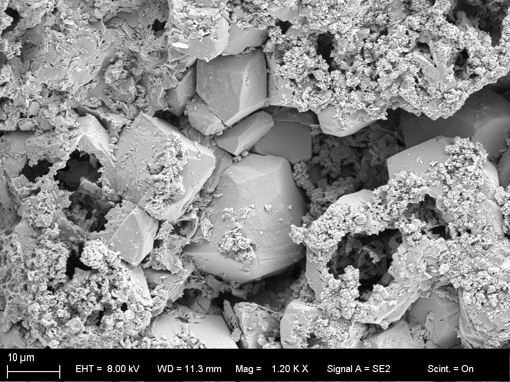 A highly magnified scanning electron microscope image showing microscopic mineral structures within sandstone