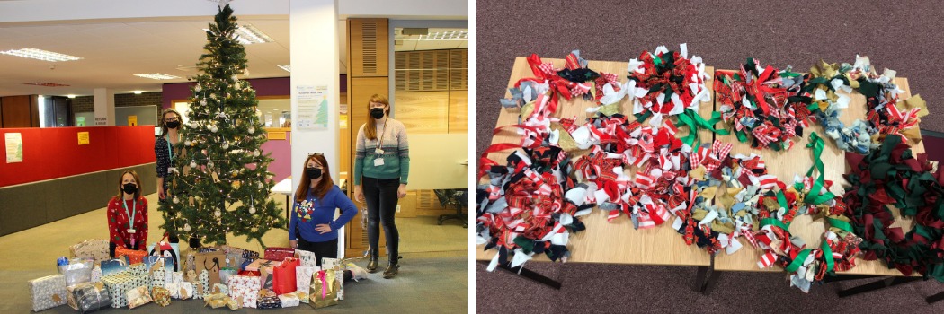 Staff standing next to a Christmas tree with presents underneath. On the right are Christmas crafts made by our students.