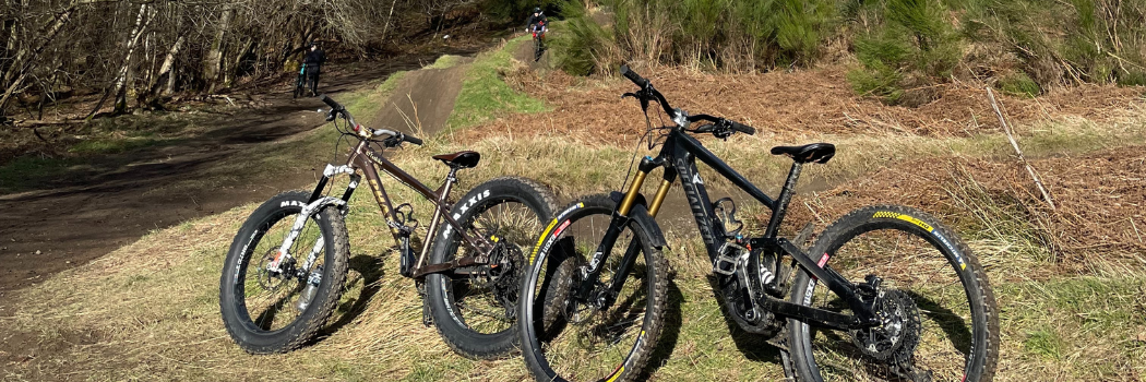 Two mountain bikes lying on the grass with a trail visible on the background with bikers on.