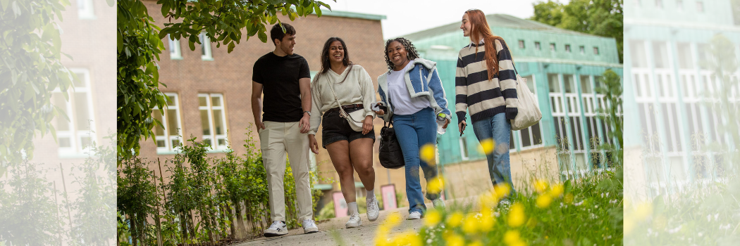 A group of students walking down a path smiling at each other with yellow flowers in the foreground.