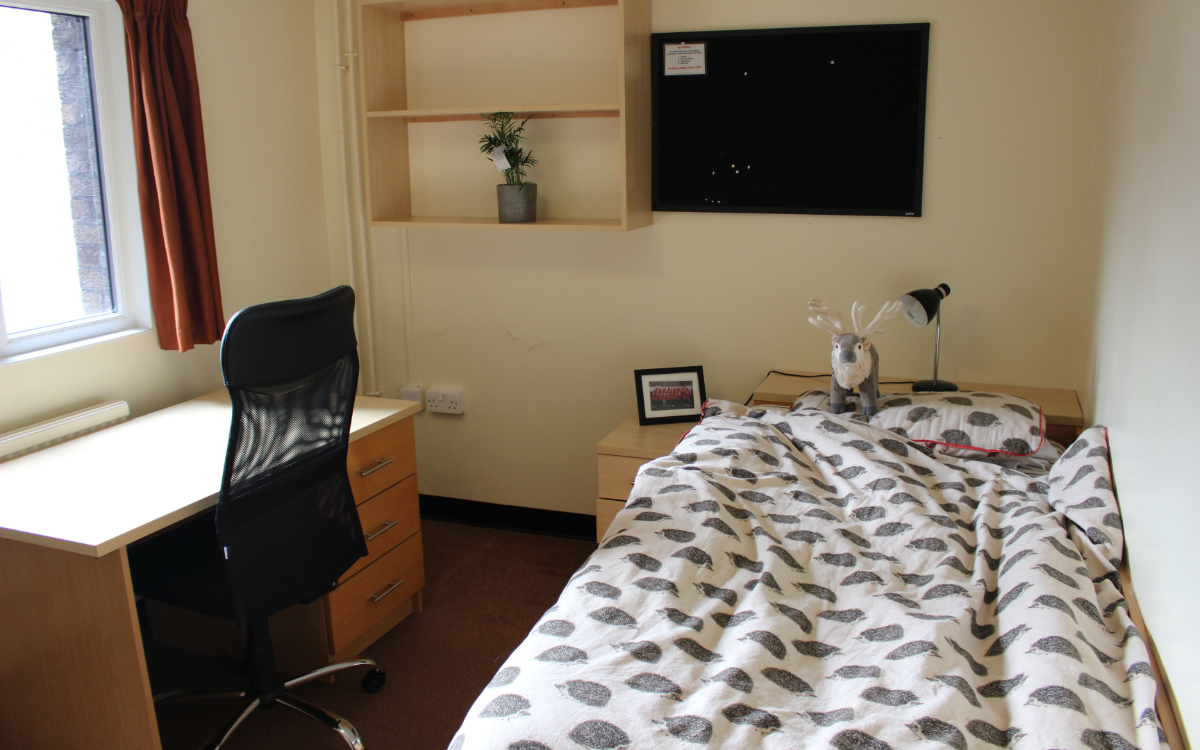 Bedroom at Collingwood College with single bed, TV and desk