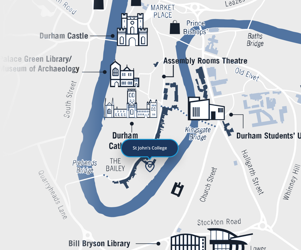 A map of Durham City highlighting the location of St John's College