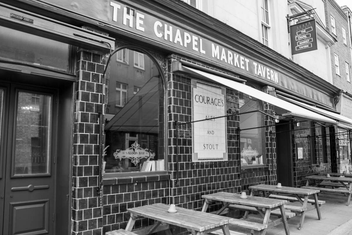 black and white brick pub exterior