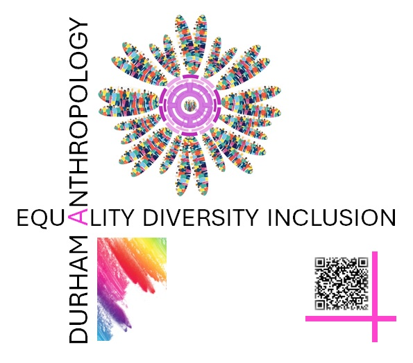 Durham Anthropology EDI logo with various colourful patterns and a QR code in bottom right