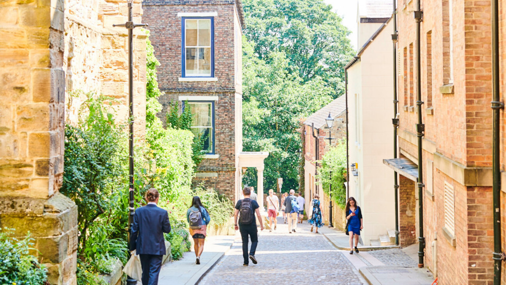 People walking down a leafy street