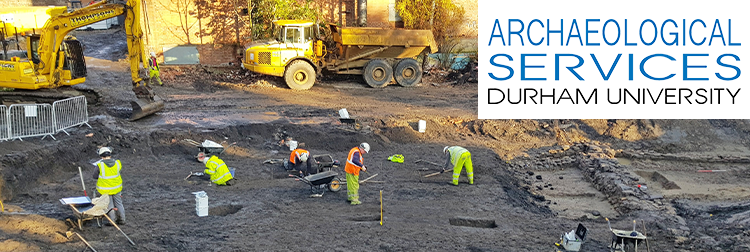 People excavating at an urban site, with digging machines in the background and the Archaeological Services Durham University logo in the upper right corner