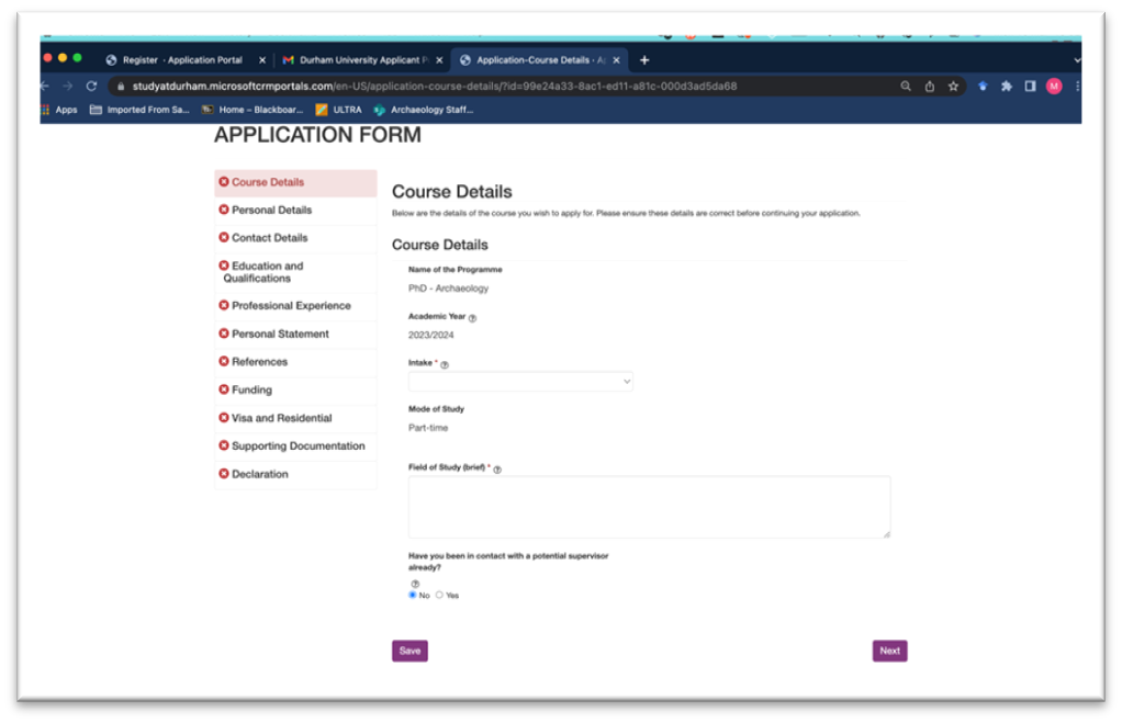 Screenshot of Archaeology Application Portal showing the application form