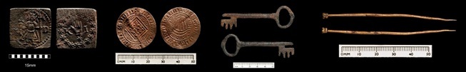 Various finds recovered from the River Wear such as a button, pin, coin and stamp