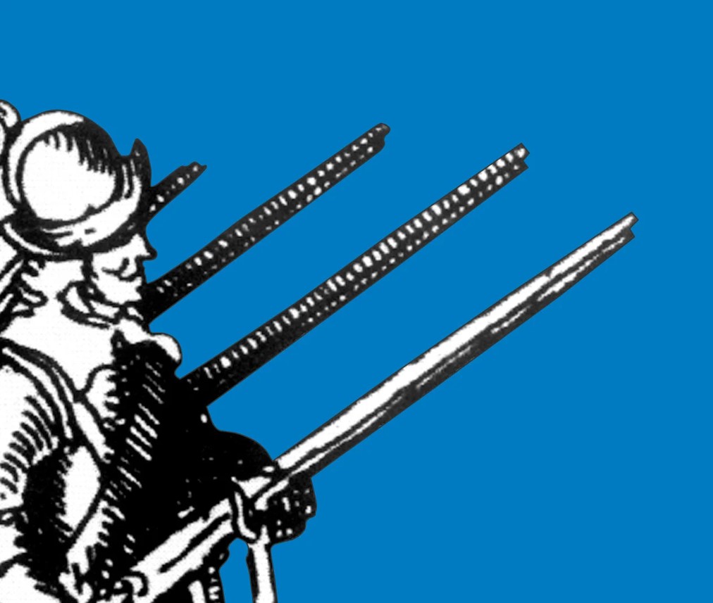 Black and white illustration of historical soldiers with rifles against a flat blue background.