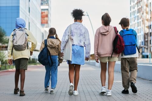 A group of children walking away from the camera along a pavement