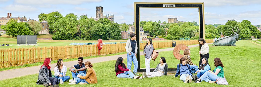 A group of students stand and sit on the grass by the cricket group, the cathedral can be seen in the background.