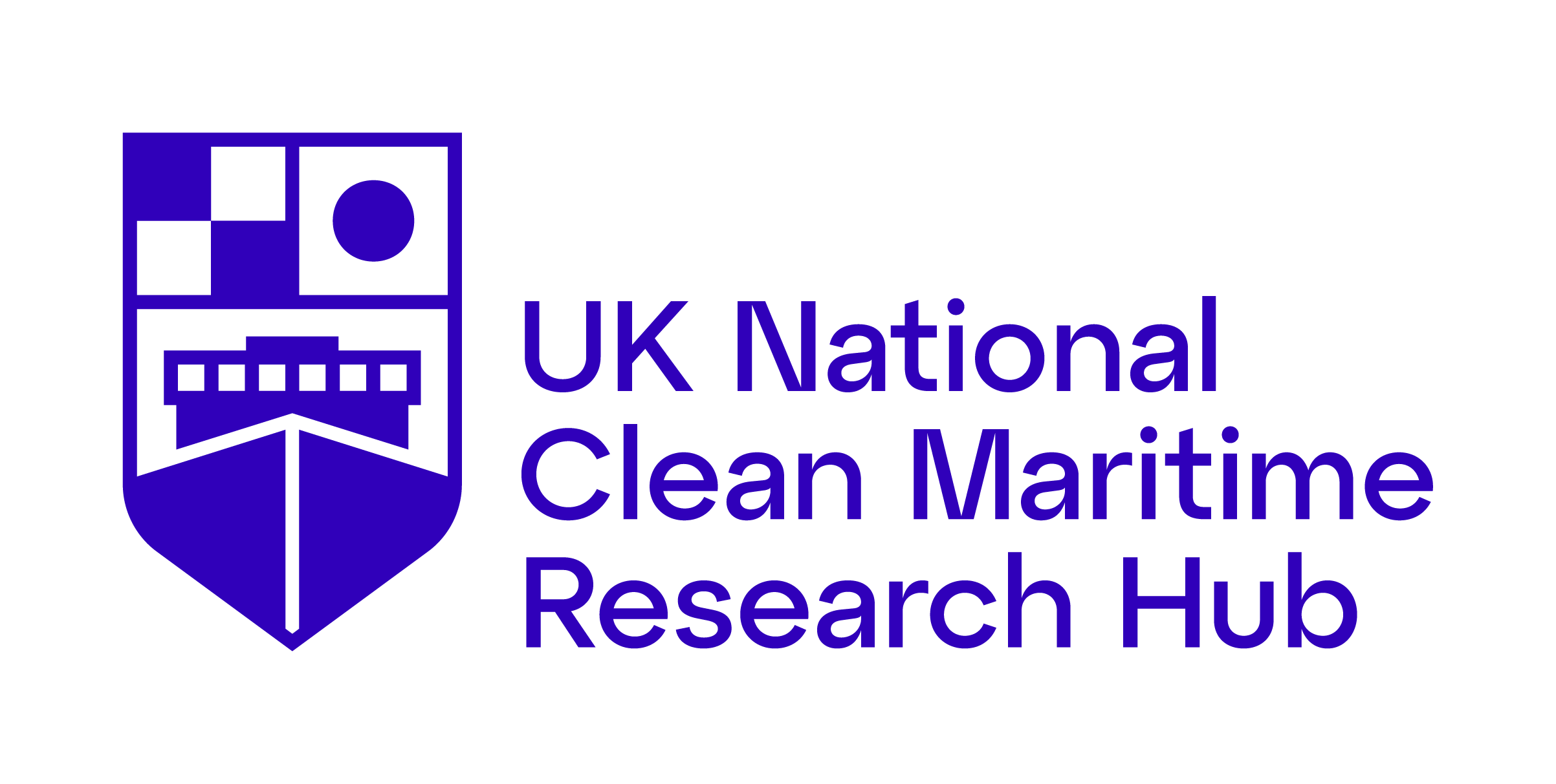 The UKNCMRH logo, in dark blue the logo is composed of a blue shield made up of the maritime flags for danger ahead, and change course, with the icon of a ship beneath forming the edge of the ship. Logo text to the left reads 'UK National Clean maritime Research Hub'