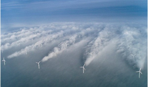 aeriel view of wind turbines wake clouds