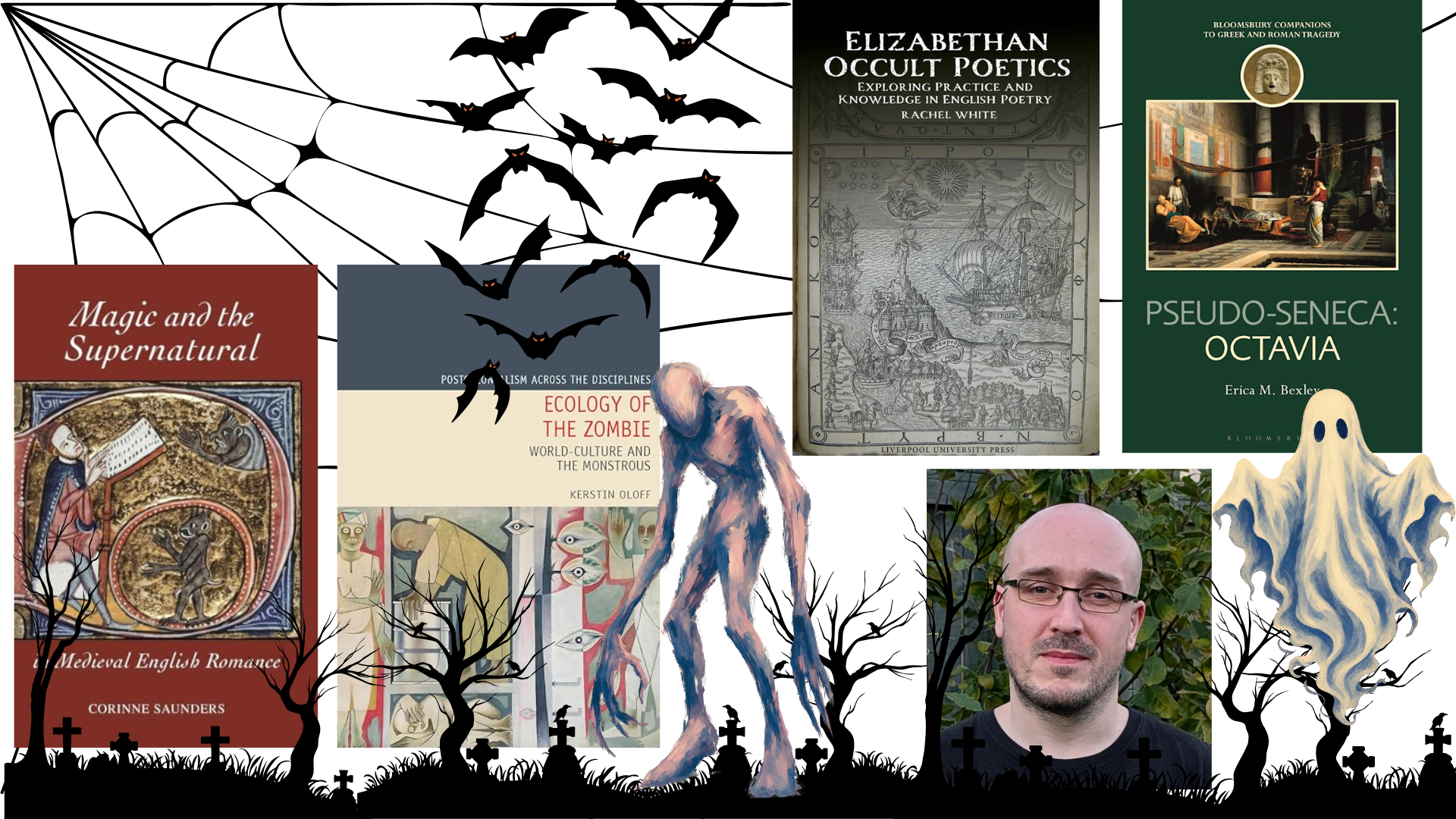 Halloween themed banner including covers of Halloween-related books from the Arts and Humanities