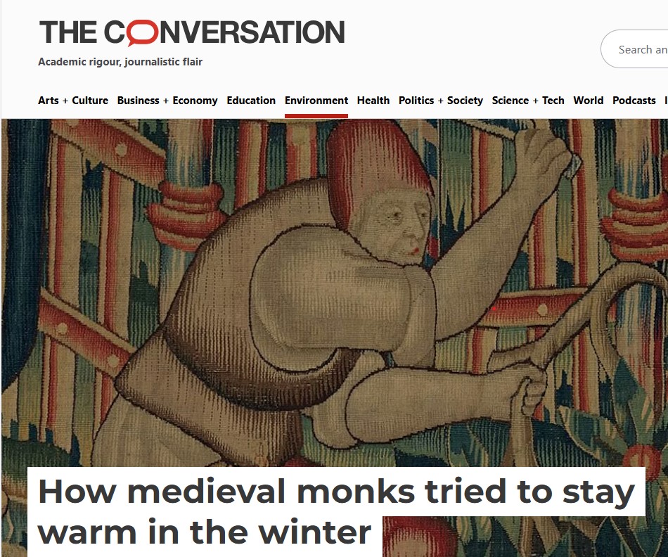 A tapestry with a monk chopping fire wood