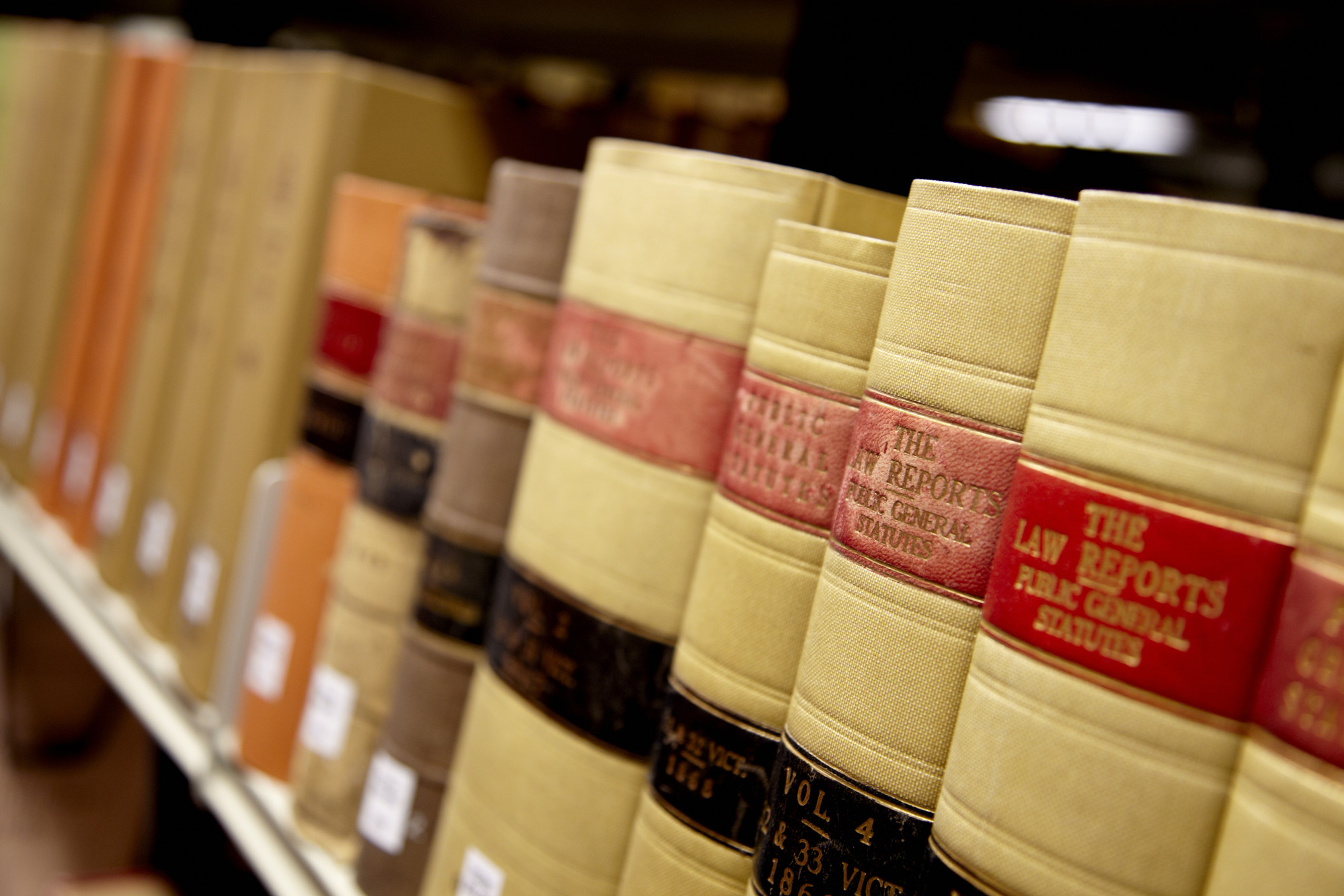 Close-up of law books on shelf